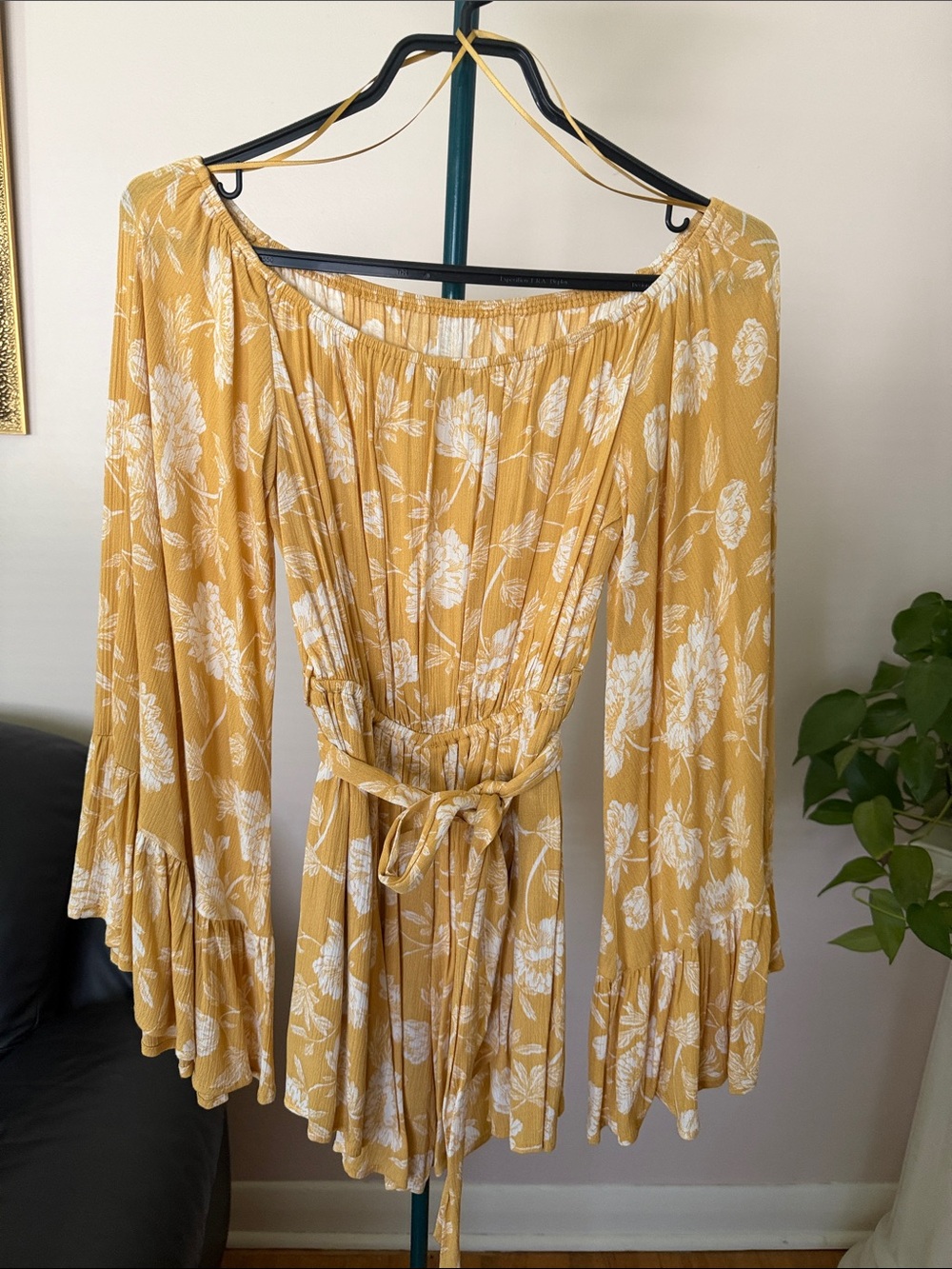 Mendocino Mustard Yellow Floral Off-Shoulder Jumpsuit Romper